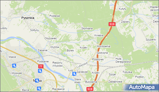 mapa Krzaki gmina Pysznica, Krzaki gmina Pysznica na mapie Targeo