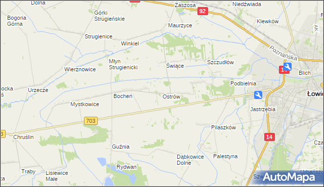 mapa Ostrów gmina Łowicz, Ostrów gmina Łowicz na mapie Targeo