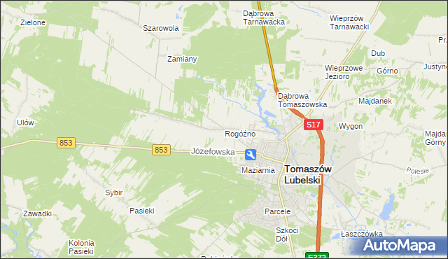 mapa Rogóźno gmina Tomaszów Lubelski, Rogóźno gmina Tomaszów Lubelski na mapie Targeo