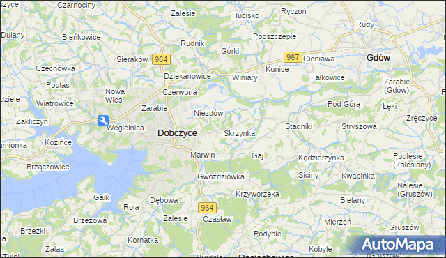 mapa Skrzynka gmina Dobczyce, Skrzynka gmina Dobczyce na mapie Targeo