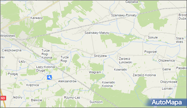 mapa Strzyżew gmina Łuków, Strzyżew gmina Łuków na mapie Targeo