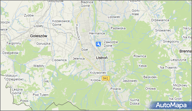 mapa Ustroń powiat cieszyński, Ustroń powiat cieszyński na mapie Targeo