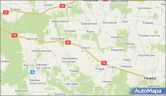 mapa Wójcin gmina Paradyż, Wójcin gmina Paradyż na mapie Targeo