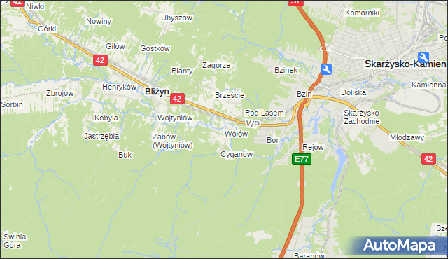 mapa Wołów gmina Bliżyn, Wołów gmina Bliżyn na mapie Targeo