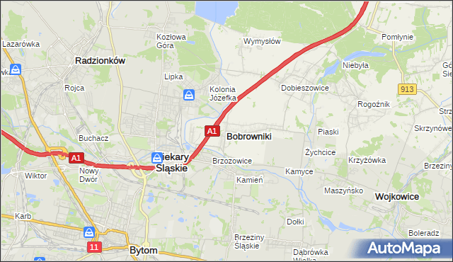 mapa Bobrowniki powiat będziński, Bobrowniki powiat będziński na mapie Targeo