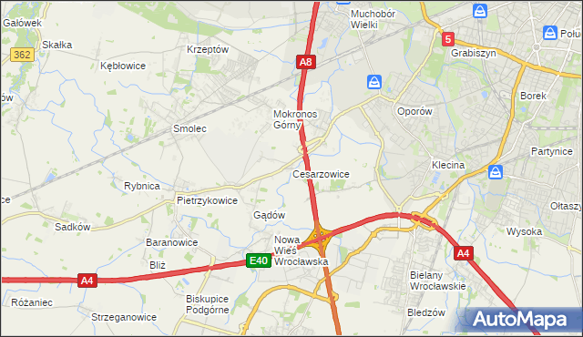 mapa Cesarzowice gmina Kąty Wrocławskie, Cesarzowice gmina Kąty Wrocławskie na mapie Targeo