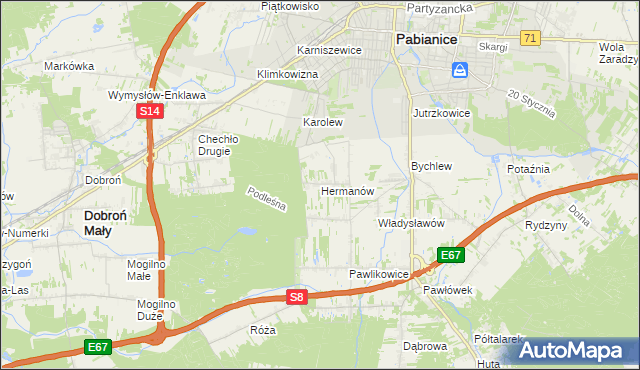 mapa Hermanów gmina Pabianice, Hermanów gmina Pabianice na mapie Targeo