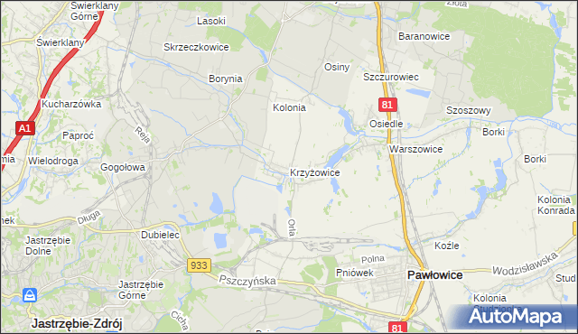 mapa Krzyżowice gmina Pawłowice, Krzyżowice gmina Pawłowice na mapie Targeo