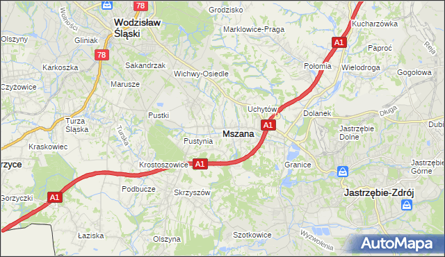 mapa Mszana powiat wodzisławski, Mszana powiat wodzisławski na mapie Targeo