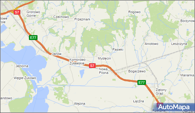 mapa Myślęcin gmina Elbląg, Myślęcin gmina Elbląg na mapie Targeo