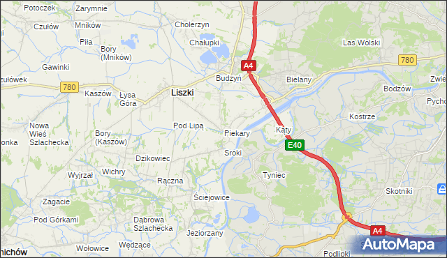 mapa Piekary gmina Liszki, Piekary gmina Liszki na mapie Targeo