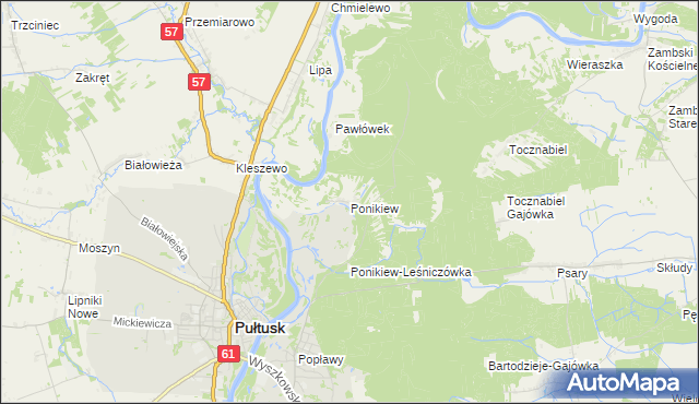mapa Ponikiew gmina Pułtusk, Ponikiew gmina Pułtusk na mapie Targeo