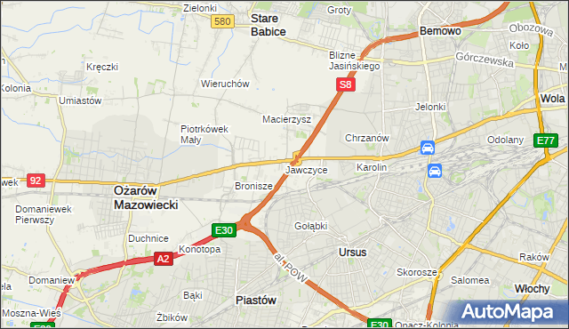 mapa Jawczyce gmina Ożarów Mazowiecki, Jawczyce gmina Ożarów Mazowiecki na mapie Targeo