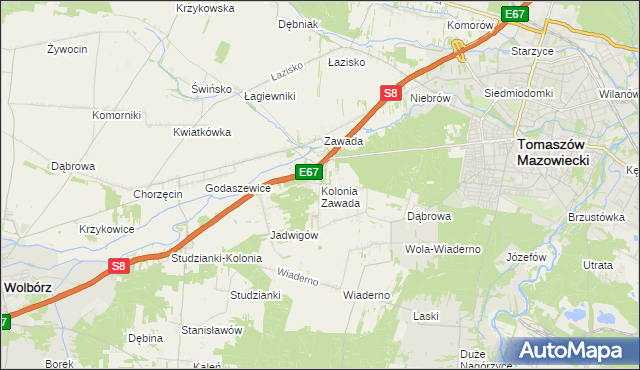 mapa Kolonia Zawada gmina Tomaszów Mazowiecki, Kolonia Zawada gmina Tomaszów Mazowiecki na mapie Targeo