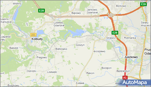 mapa Goszyn gmina Pruszcz Gdański, Goszyn gmina Pruszcz Gdański na mapie Targeo