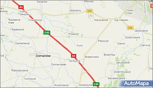 mapa Kuny gmina Domaniów, Kuny gmina Domaniów na mapie Targeo
