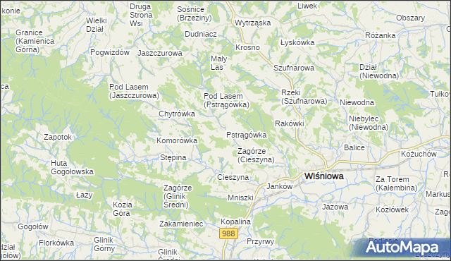 mapa Pstrągówka gmina Wiśniowa, Pstrągówka gmina Wiśniowa na mapie Targeo