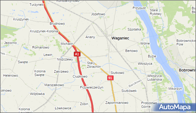 mapa Zbrachlin gmina Waganiec, Zbrachlin gmina Waganiec na mapie Targeo