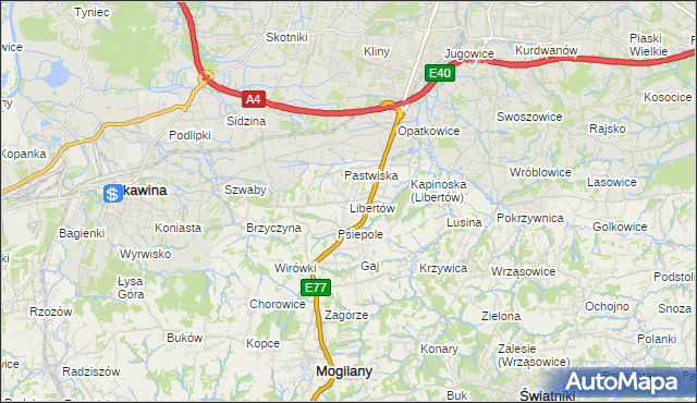 mapa Libertów gmina Mogilany, Libertów gmina Mogilany na mapie Targeo