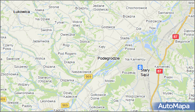 mapa Podegrodzie powiat nowosądecki, Podegrodzie powiat nowosądecki na mapie Targeo