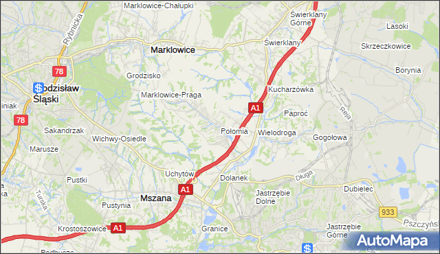 mapa Połomia gmina Mszana, Połomia gmina Mszana na mapie Targeo