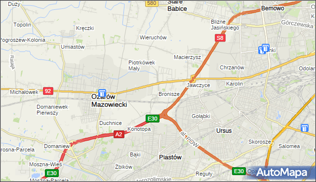 mapa Bronisze gmina Ożarów Mazowiecki, Bronisze gmina Ożarów Mazowiecki na mapie Targeo