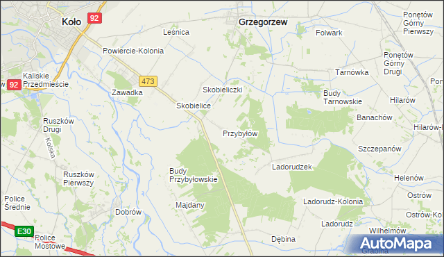 mapa Przybyłów gmina Koło, Przybyłów gmina Koło na mapie Targeo