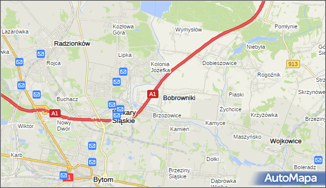 mapa Bobrowniki powiat będziński, Bobrowniki powiat będziński na mapie Targeo