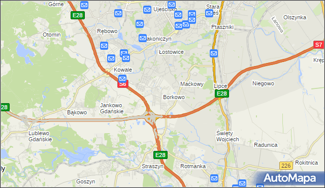 mapa Borkowo gmina Pruszcz Gdański, Borkowo gmina Pruszcz Gdański na mapie Targeo