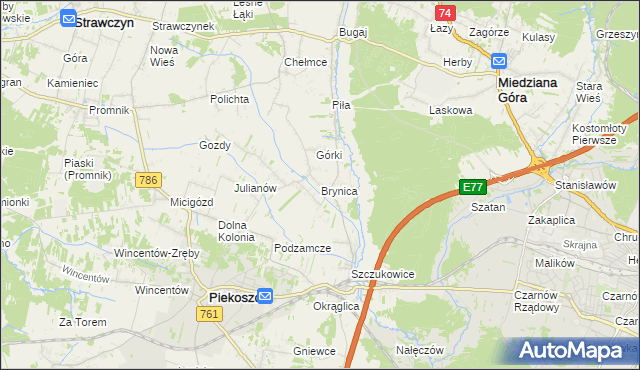 mapa Brynica gmina Piekoszów, Brynica gmina Piekoszów na mapie Targeo