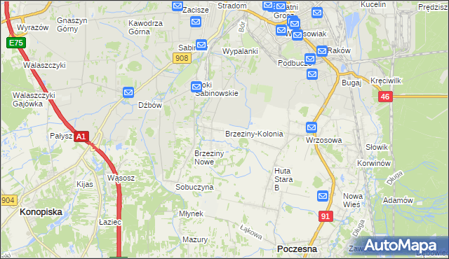 mapa Brzeziny-Kolonia, Brzeziny-Kolonia na mapie Targeo