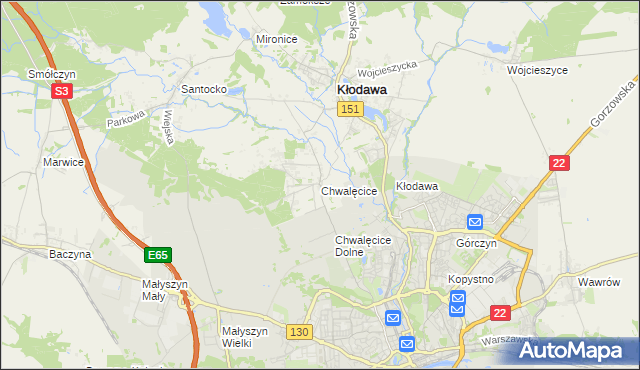 mapa Chwalęcice gmina Kłodawa, Chwalęcice gmina Kłodawa na mapie Targeo