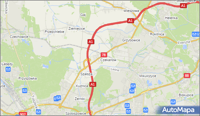 mapa Czekanów gmina Zbrosławice, Czekanów gmina Zbrosławice na mapie Targeo