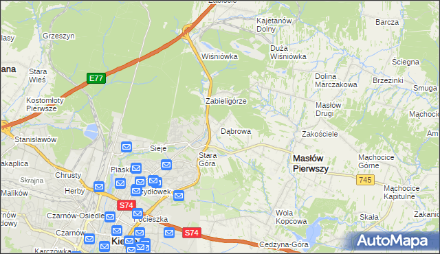 mapa Dąbrowa gmina Masłów, Dąbrowa gmina Masłów na mapie Targeo