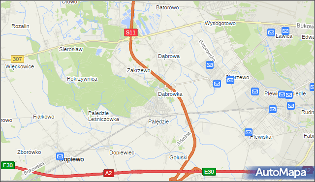 mapa Dąbrówka gmina Dopiewo, Dąbrówka gmina Dopiewo na mapie Targeo