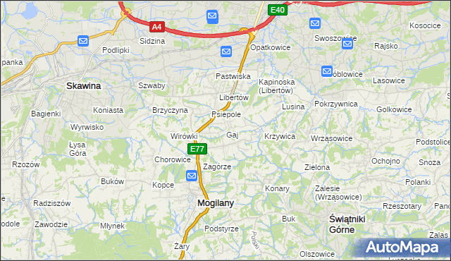 mapa Gaj gmina Mogilany, Gaj gmina Mogilany na mapie Targeo