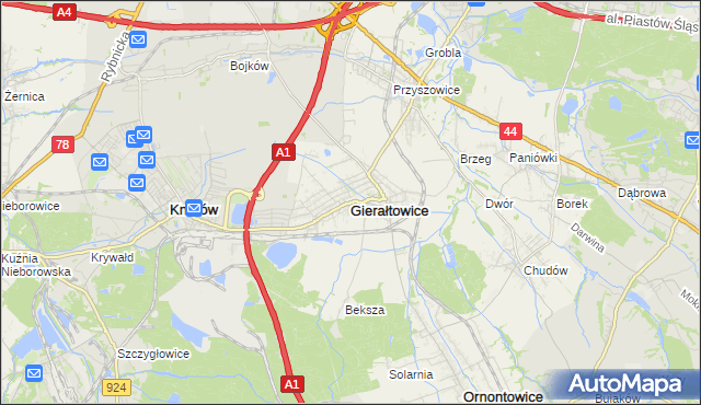 mapa Gierałtowice powiat gliwicki, Gierałtowice powiat gliwicki na mapie Targeo
