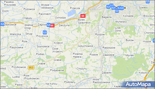 mapa Gołuchowice gmina Skawina, Gołuchowice gmina Skawina na mapie Targeo