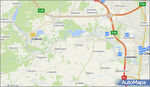 mapa Goszyn gmina Pruszcz Gdański, Goszyn gmina Pruszcz Gdański na mapie Targeo