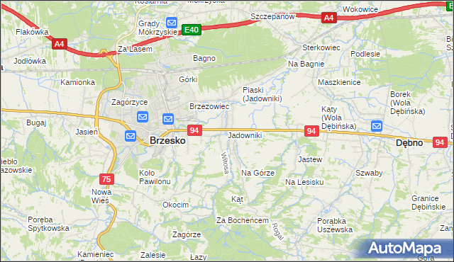 mapa Jadowniki gmina Brzesko, Jadowniki gmina Brzesko na mapie Targeo