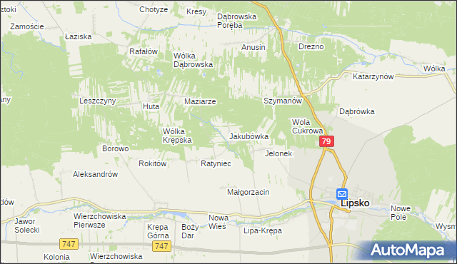 mapa Jakubówka gmina Lipsko, Jakubówka gmina Lipsko na mapie Targeo