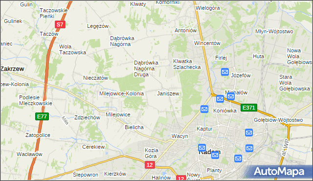 mapa Janiszew gmina Zakrzew, Janiszew gmina Zakrzew na mapie Targeo