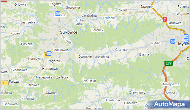 mapa Jasienica gmina Myślenice, Jasienica gmina Myślenice na mapie Targeo