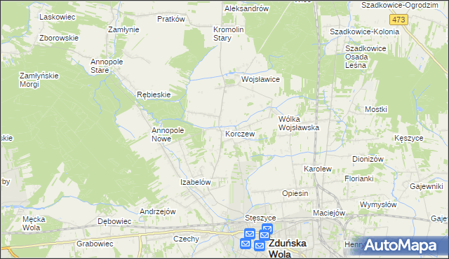 mapa Korczew gmina Zduńska Wola, Korczew gmina Zduńska Wola na mapie Targeo