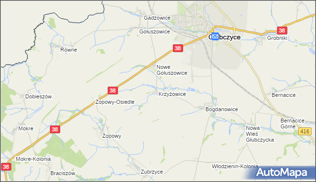 mapa Krzyżowice gmina Głubczyce, Krzyżowice gmina Głubczyce na mapie Targeo