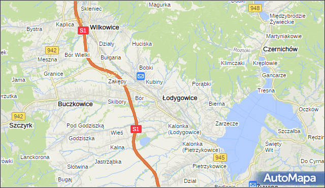 mapa Łodygowice powiat żywiecki, Łodygowice powiat żywiecki na mapie Targeo