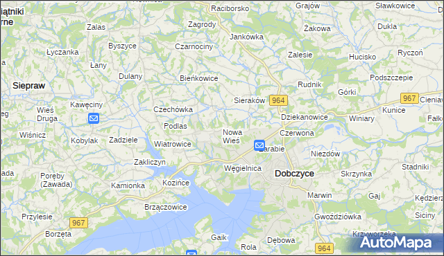 mapa Nowa Wieś gmina Dobczyce, Nowa Wieś gmina Dobczyce na mapie Targeo