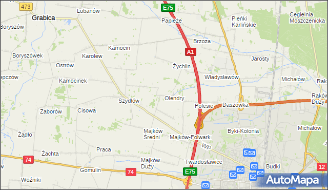 mapa Olendry gmina Grabica, Olendry gmina Grabica na mapie Targeo