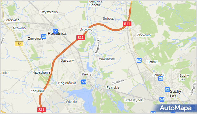 mapa Pawłowice gmina Rokietnica, Pawłowice gmina Rokietnica na mapie Targeo