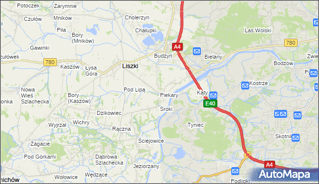 mapa Piekary gmina Liszki, Piekary gmina Liszki na mapie Targeo